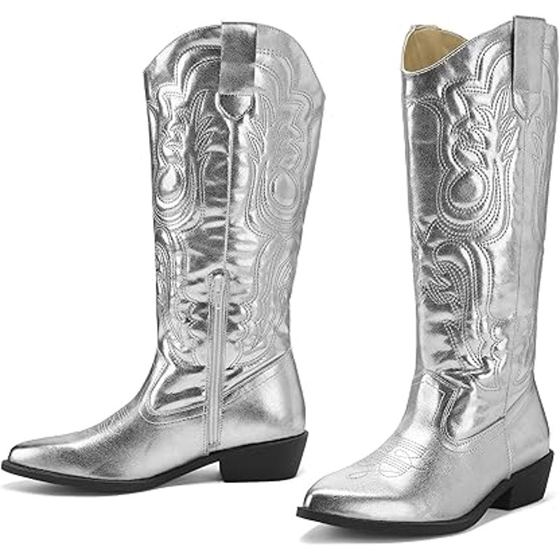 Mysoft Womens Size 8.5 Silver Faux Leather 1.5" Block Heel Western Cowboy Boots