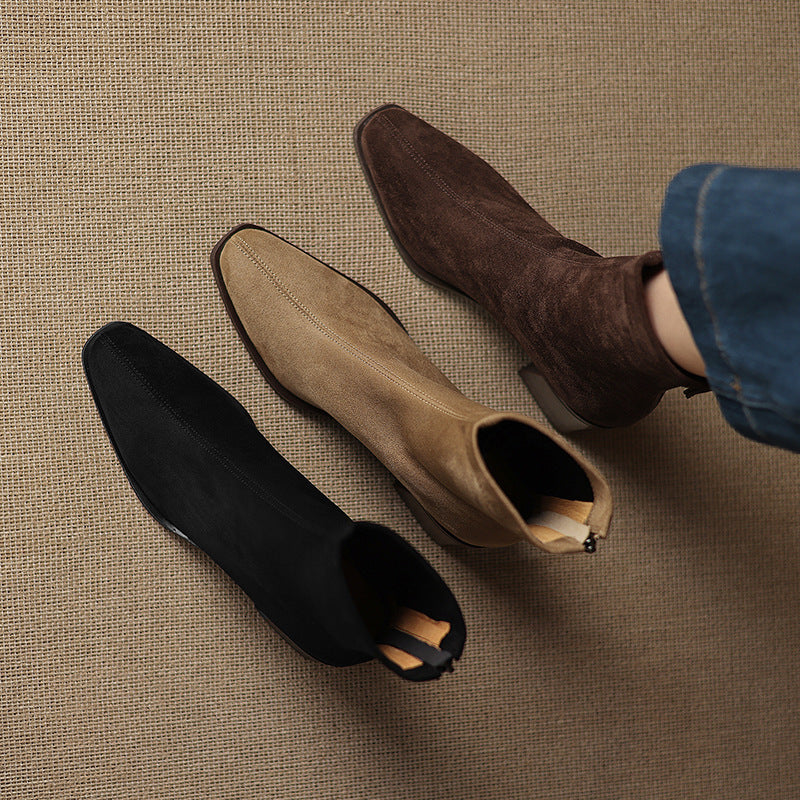 Women's Suede Square Toe Chunky Heel Boots