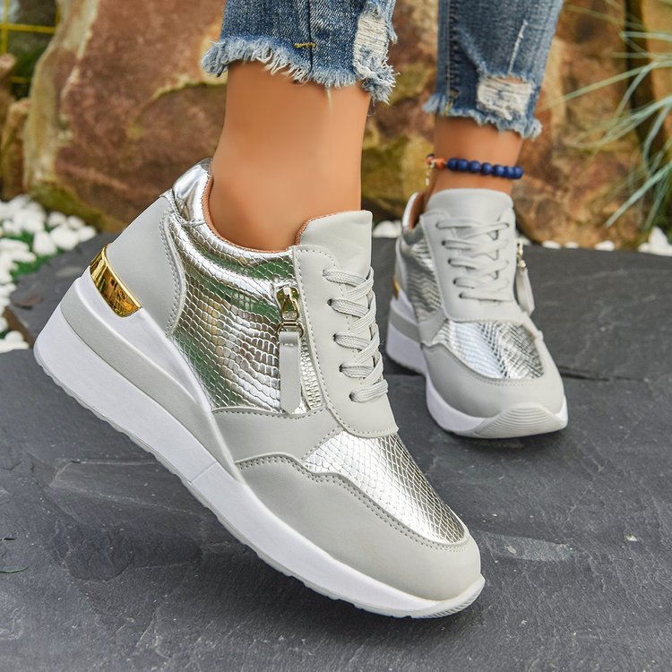 Women's Wedge Sole Height Increasing Casual Sneakers | Gold & Silver Platform Shoes