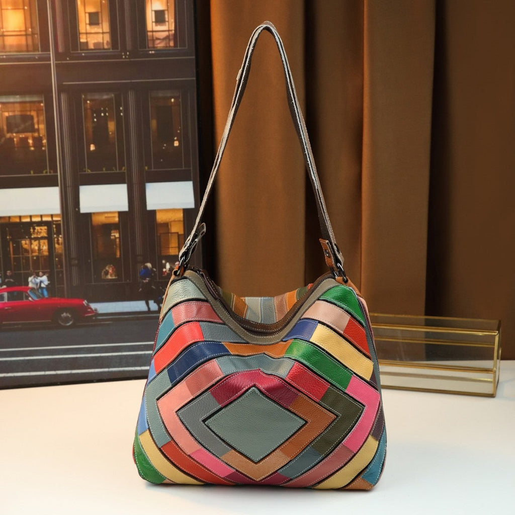 Geometric Grid Leather Patchwork Colorful Shoulder Bag - Women's Genuine Leather Handbag with Multiple Compartments