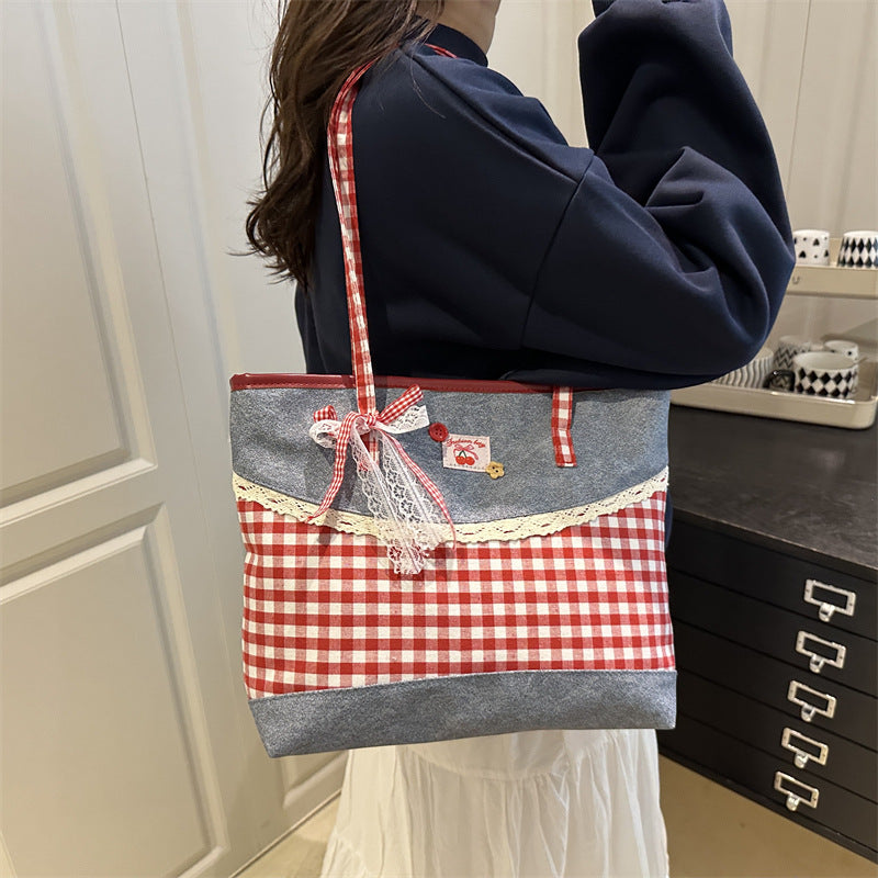 Korean Lace-Trim Color-Block Plaid Tote Bag