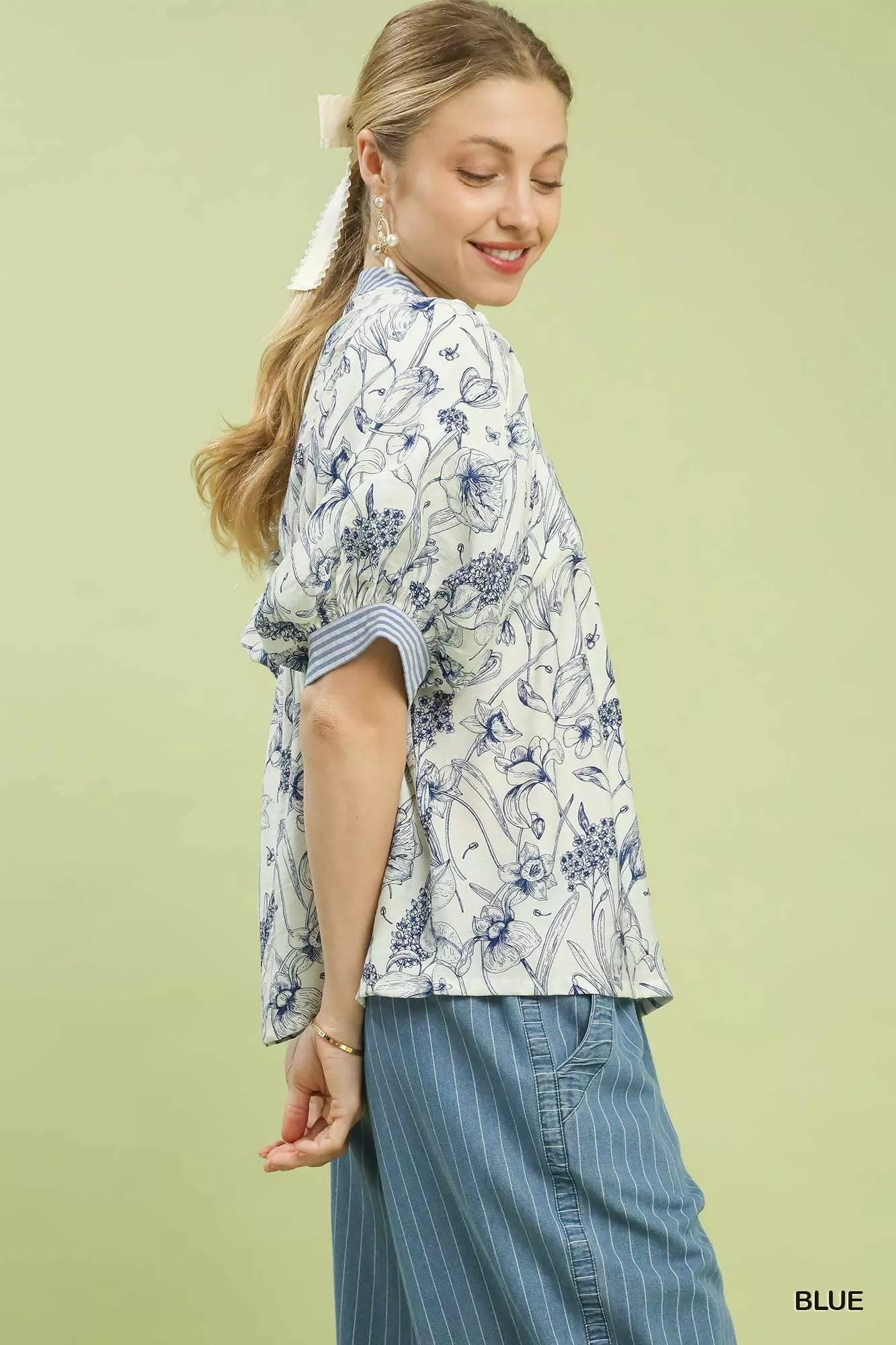 Umgee Mixed Print Puff Sleeve Split Neck Top