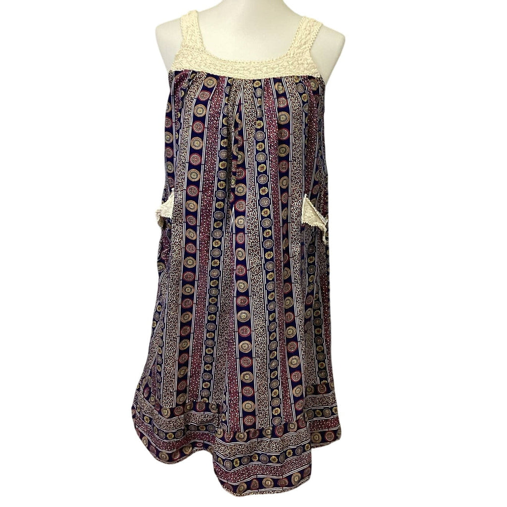 J Mang's XL Cotton Lace Trim Sleeveless Boho Print Made In Philippines Dress