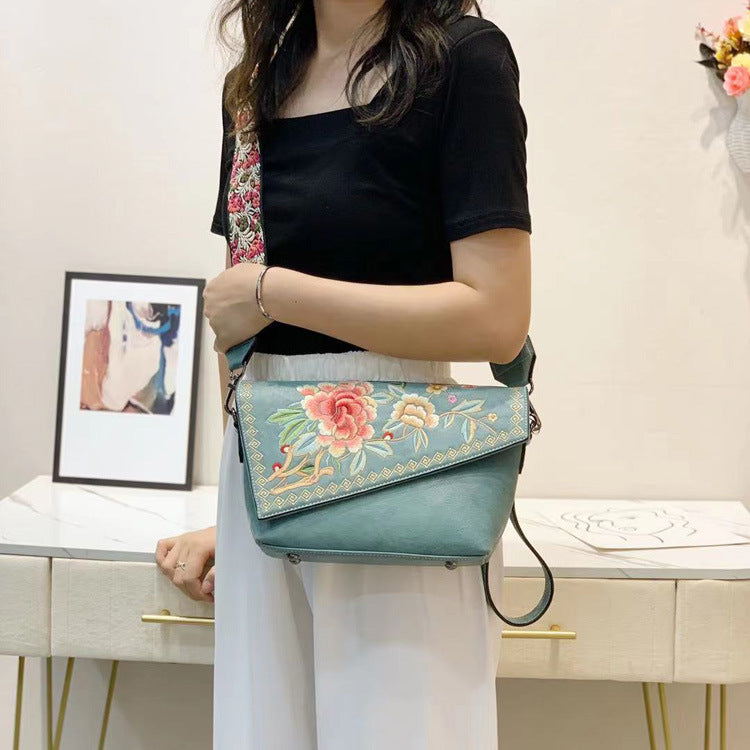 Embroidered Chinese-Style Women's Handbag - PU Leather Crossbody Shoulder Bag with Multiple Compartments