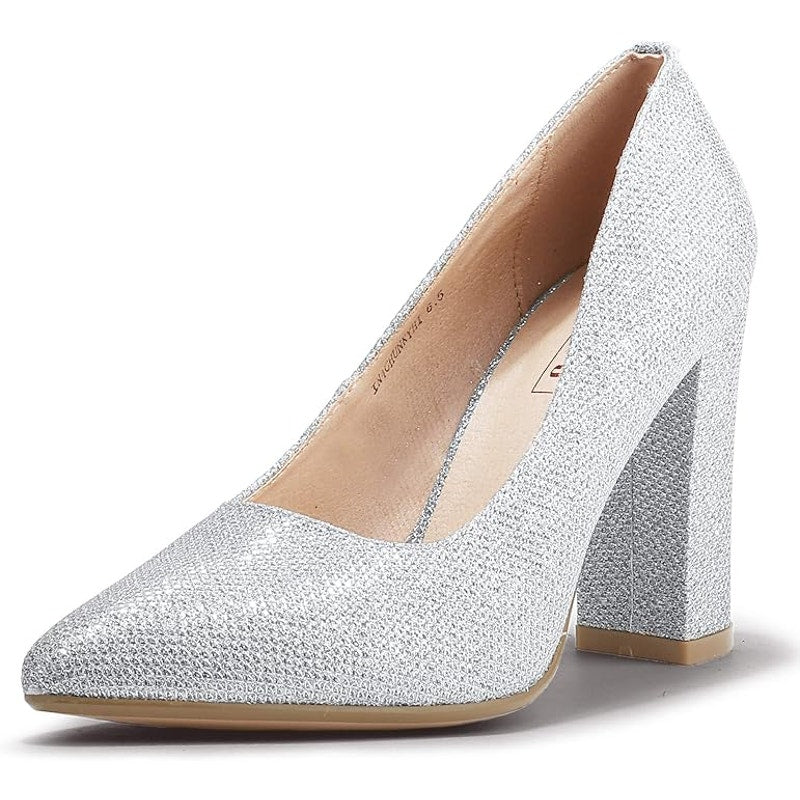 IDIFU Womens Size 6.5 Silver Glitter 4" Chunky Heel Pointed Closed Toe Shoes