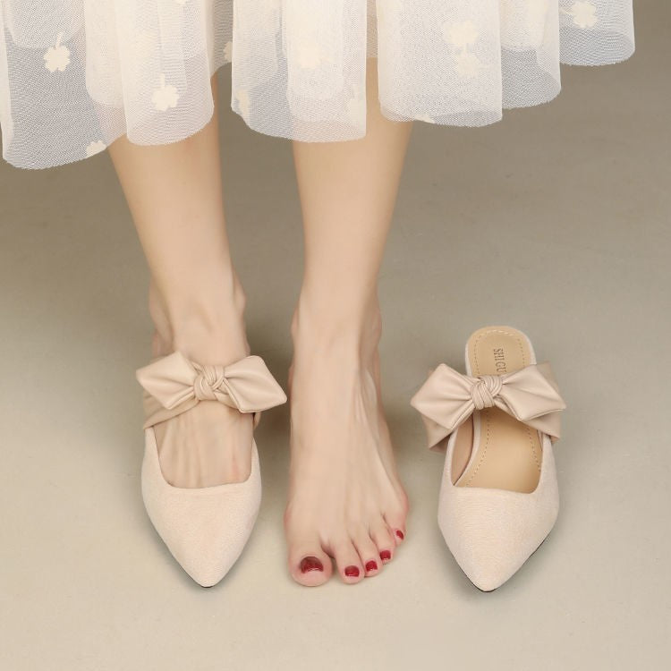 Women's Chunky Heel Pointed Toe Slip-On Heels with Bow | French Style Block Heels