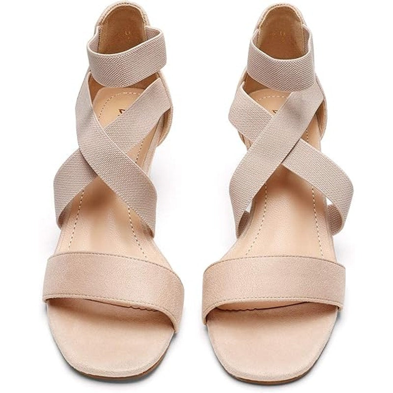 Dream Pairs Womens 8 Tan Faux Suede Elastic Ankle Strap 2.5" Wedge Heel Shoes