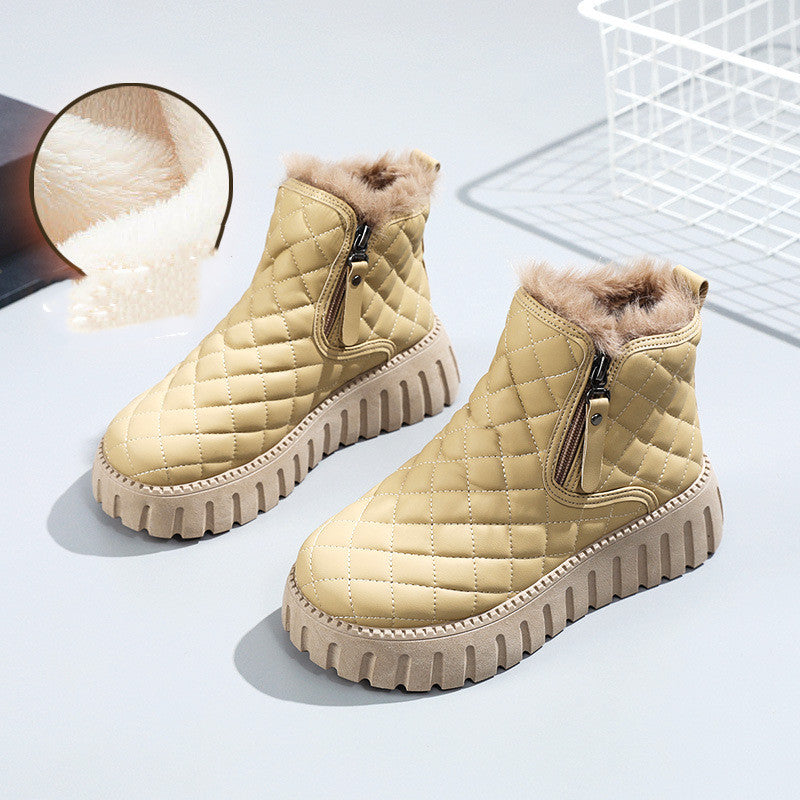 Women's Plaid Platform Ankle Boots | Side Zipper Plush Lined Snow Boots