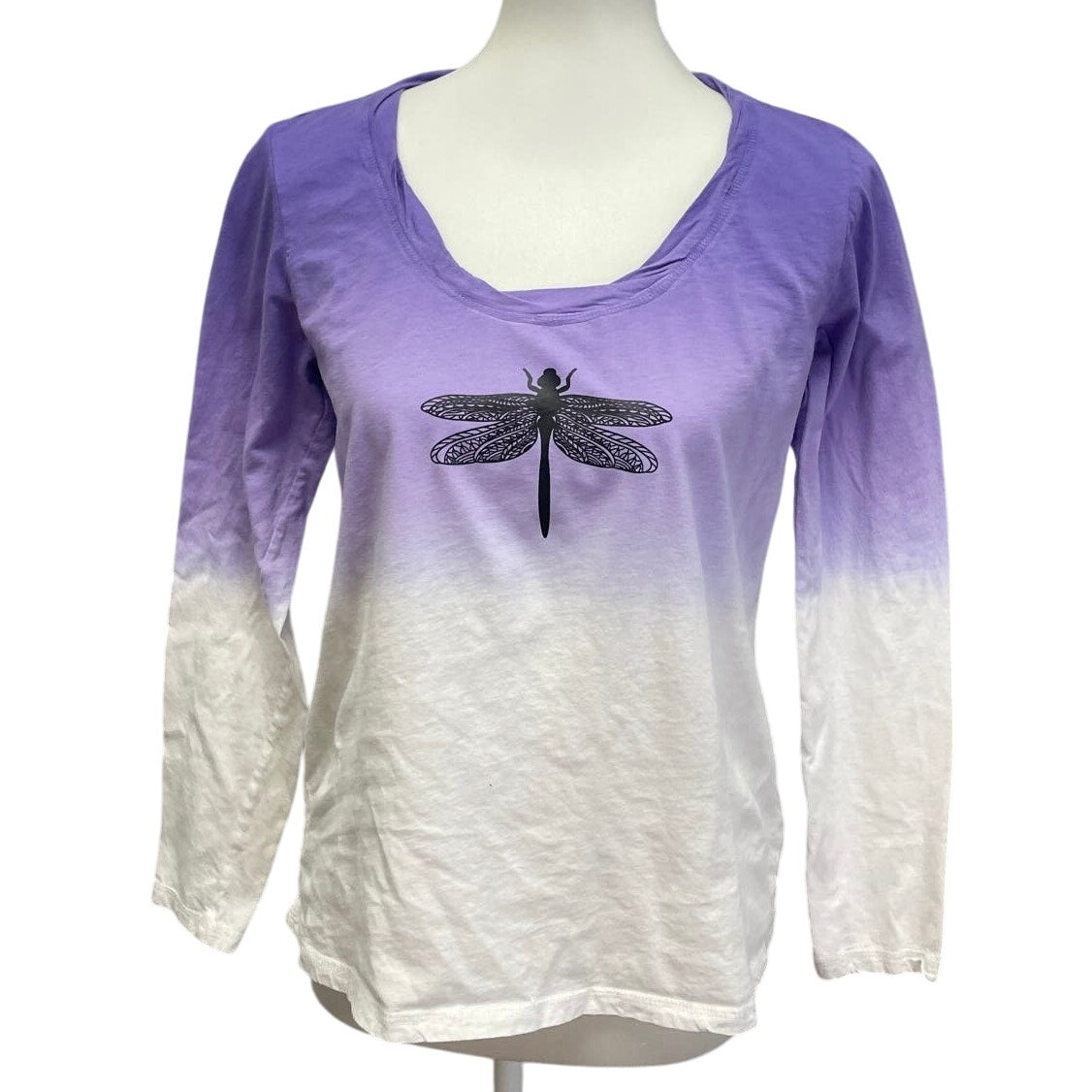 Hand Printed Upcycled XXS Dragonfly 100% Cotton Tie Dye Long Sleeve Crew Tee