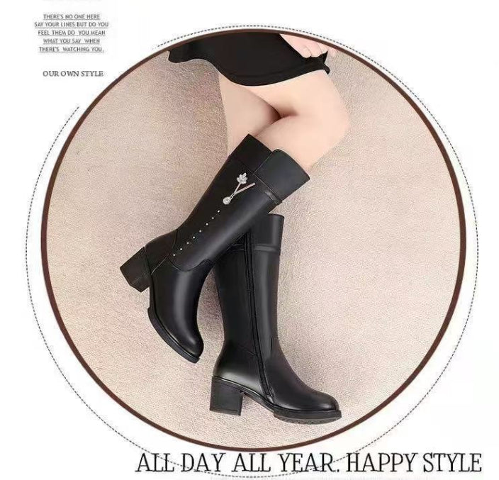Women's Fleece-Lined Tall Boots with Wool Lining - Mid Heel Winter Boots with Side Zipper