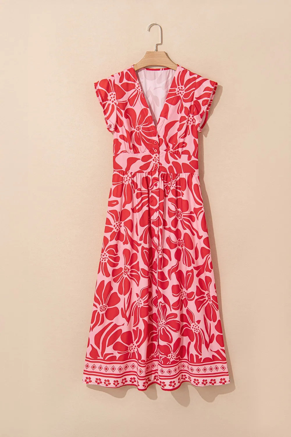 Floral  Ruffled V-Neck Midi Dress with Button Front