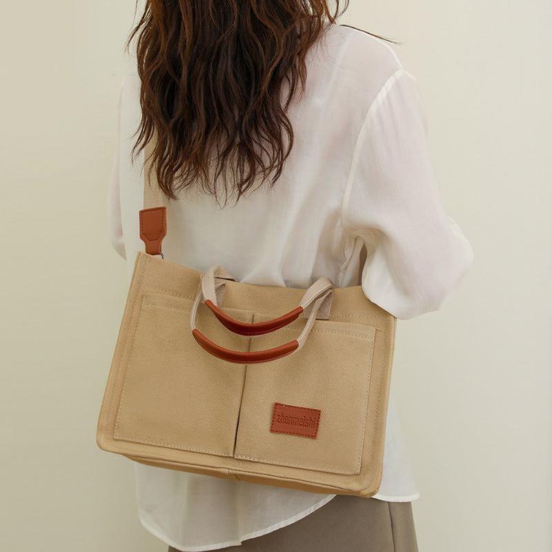Women's Canvas Tote Bag Large Capacity Multi Pocket Shoulder Crossbody Messenger Bag