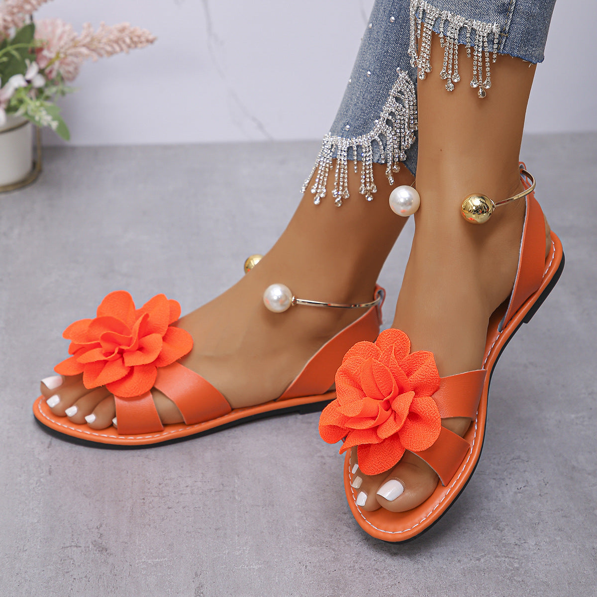 Women's Pearl Strap Flat Sandals - Elegant Open Toe Summer Sandals with Floral Design