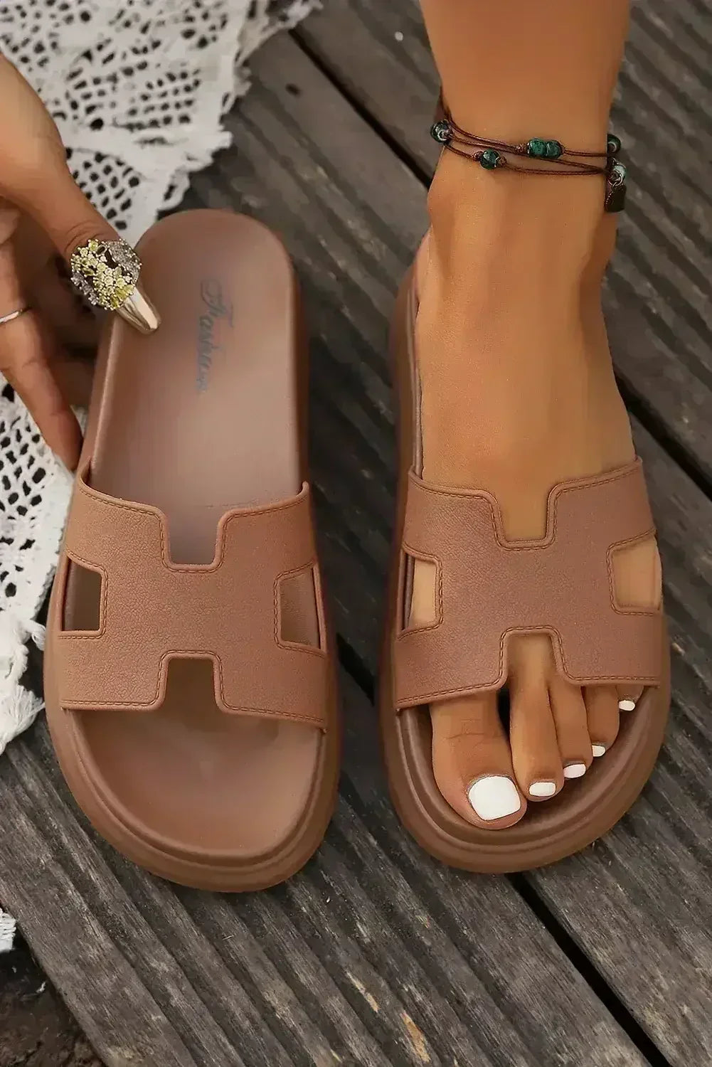 Black Cut Out Band Open Toe Platform Slides Shoes