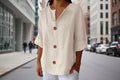 Women’s V-Neck Cotton Linen Buttoned Blouse