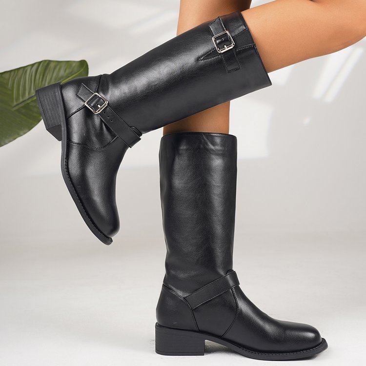 Women's Plus-Size Chunky Heel Zipper Thigh-High Boots – Synthetic Leather Over-the-Knee Boots
