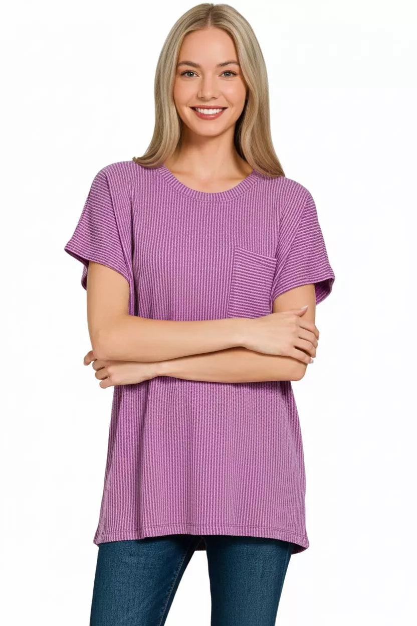 Zenana Raised Rib Front Pocket Boxy Top
