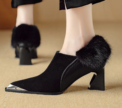 Women's Retro Pointed-Toe Chunky Heel Suede Boots with Side Zipper | Black & Brown