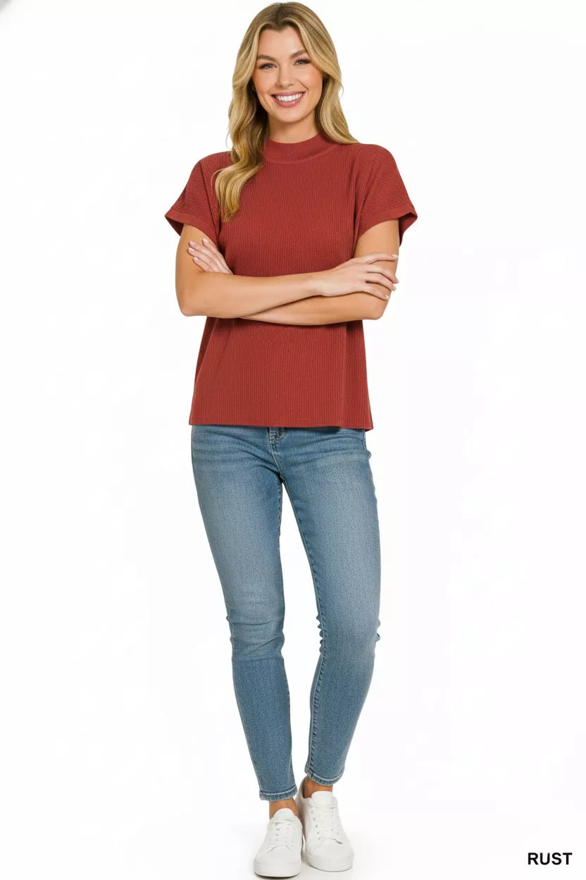 Zenana Viscose Mock Neck Short Sleeve Boxy Sweater