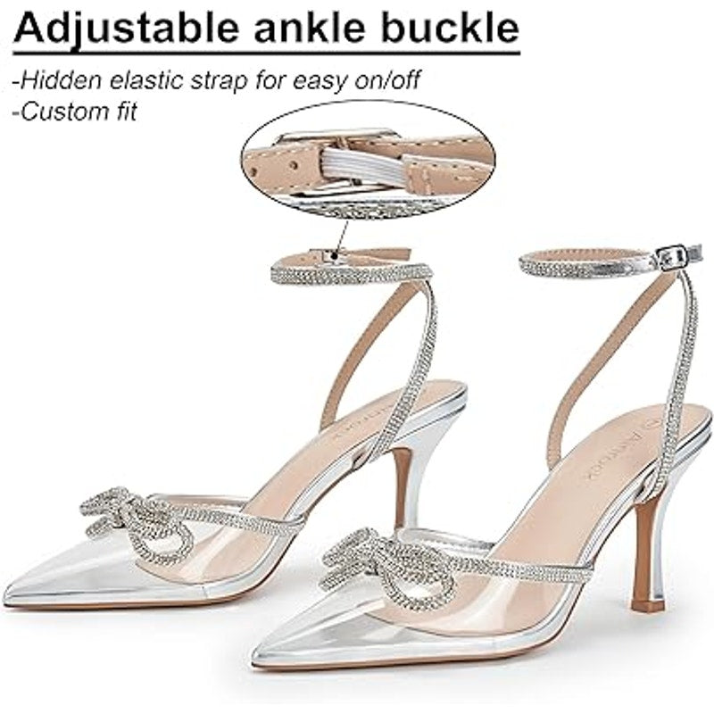 Ainrock Womens Size 8.5 SIlver Rhinestone Clear Strap Bow Wedding 3.5" Heels
