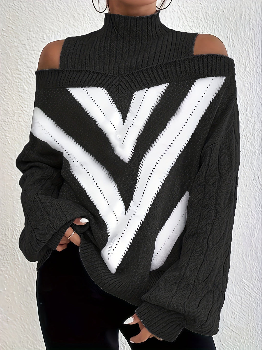Elegant Plus Size Off Shoulder Striped Cable Knit Sweater