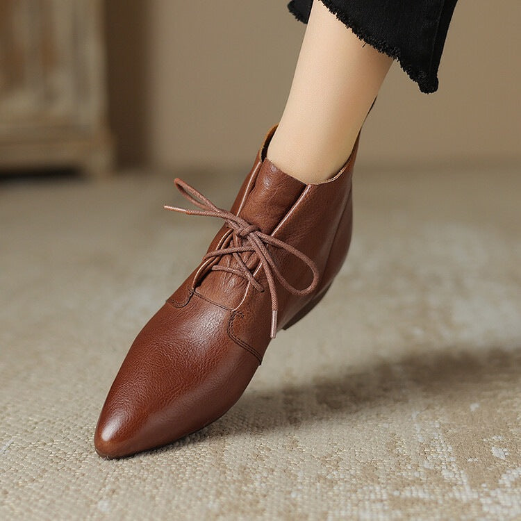 Women's Vintage Round Toe Ankle Boots - Genuine Leather Slip-On Chunky Heel Winter Boots