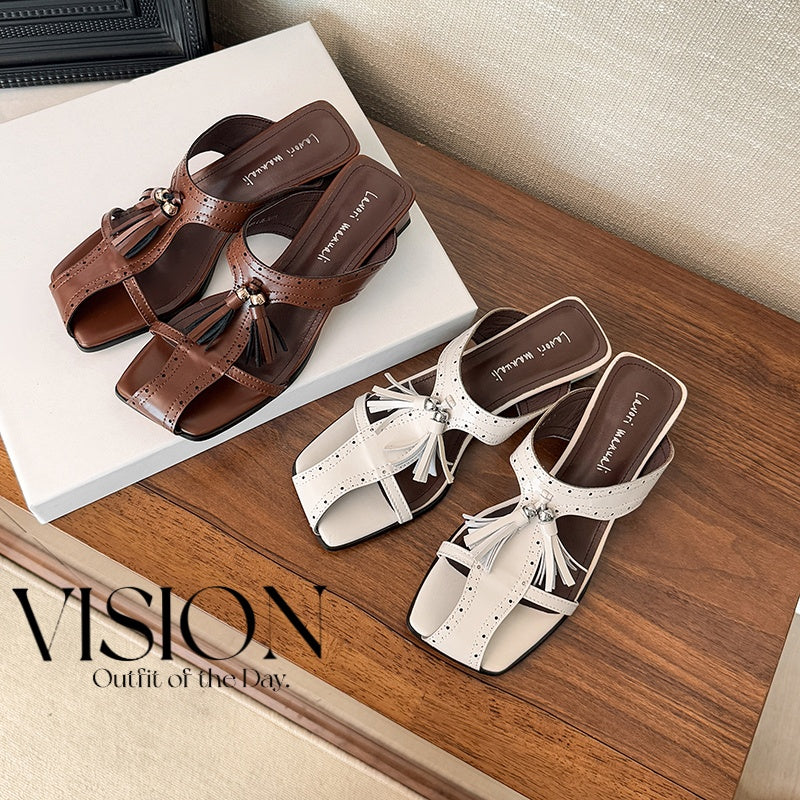 Women's Tassel Slide Sandals | Square Toe Block Heel Cowhide Mules