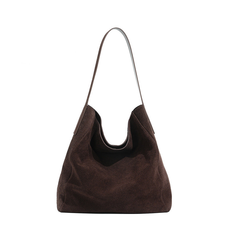 Women's Minimalist Suede Leather Tote Bag - Genuine Leather Shoulder Bag with Zipper Pockets