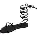 Gorglitter Womens Size 10.5 Black Faux Leather Gladiator Ankle Wrap Flat Sandals