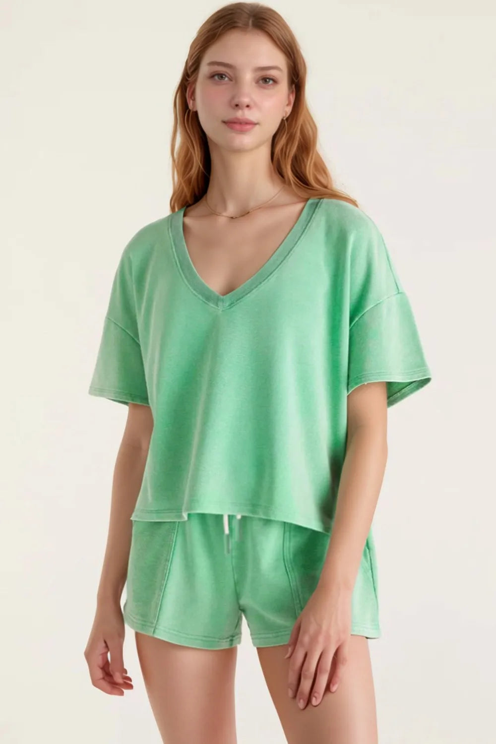 V-Neck Short Sleeve Loose Top and Drawstring Shorts Set
