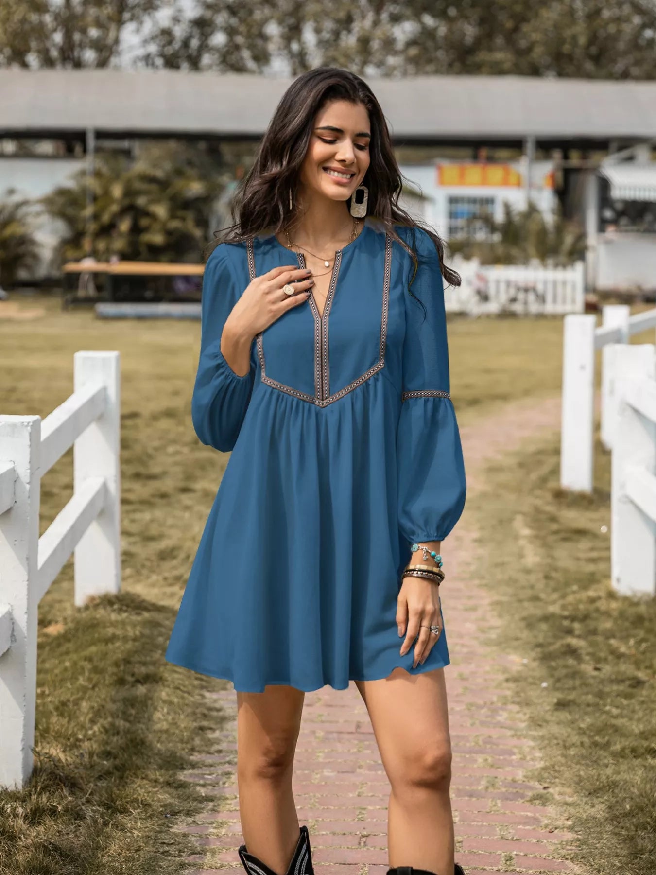 Notched Balloon Sleeve Mini Dress