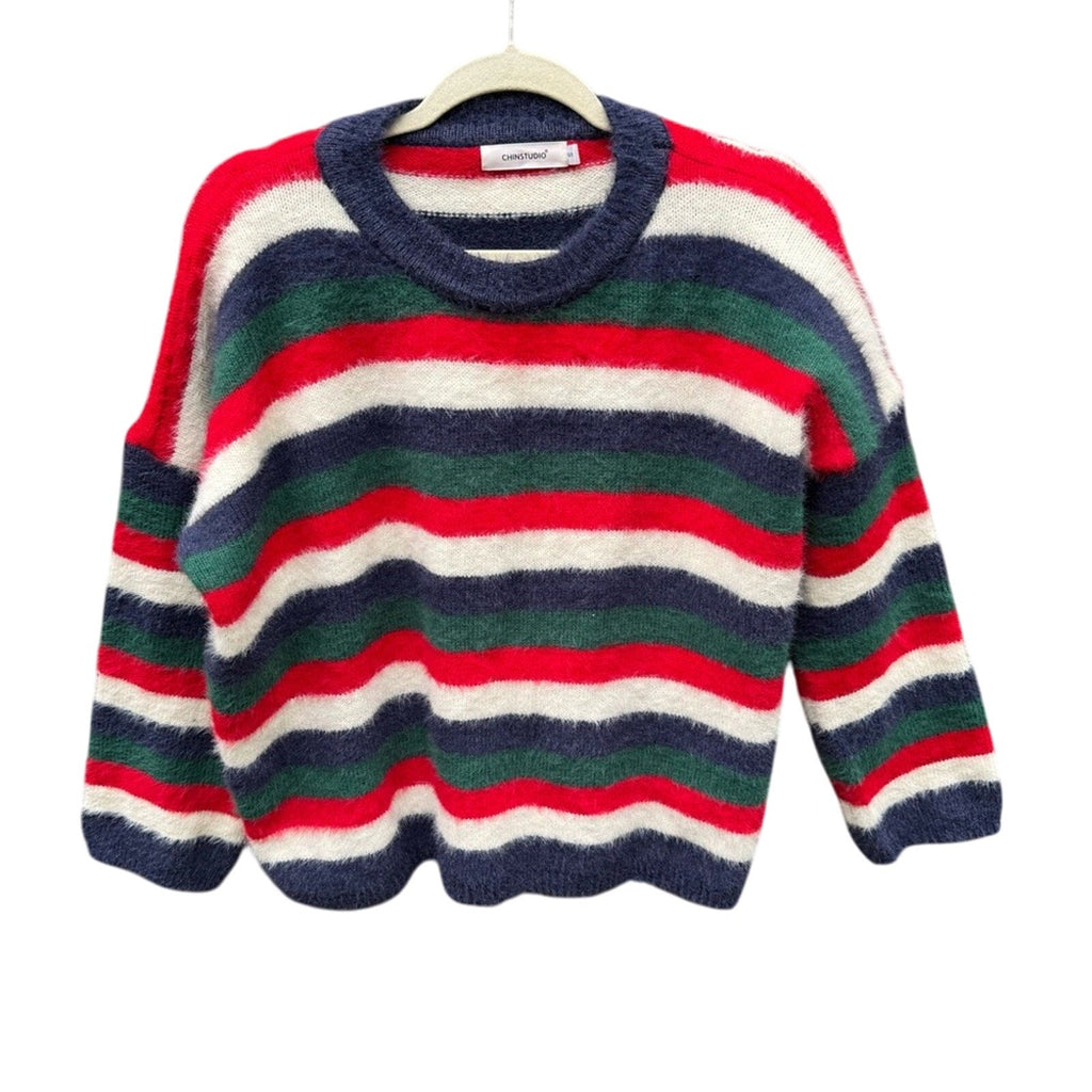 ChinStudio Womens Small Long Sleeve Striped Fuzzy Oversized Knit Sweater