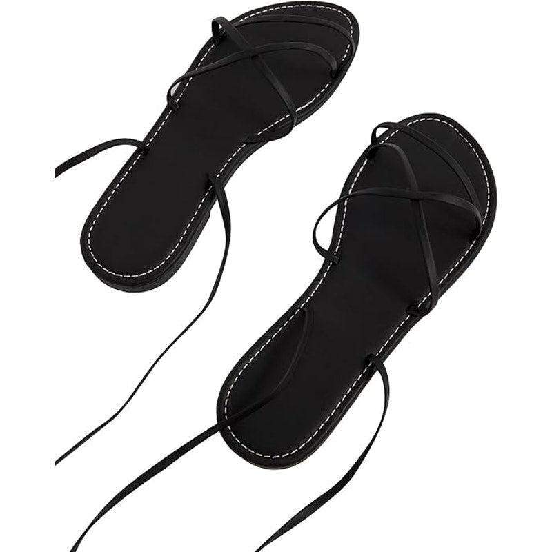 Gorglitter Womens Size 10.5 Black Faux Leather Gladiator Ankle Wrap Flat Sandals