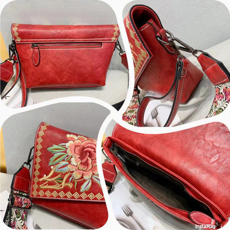 Embroidered Chinese-Style Women's Handbag - PU Leather Crossbody Shoulder Bag with Multiple Compartments