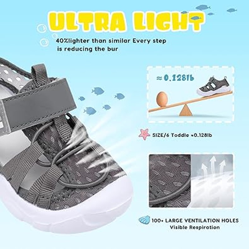 JoinFree Toddler Boys Size 5.5 Gray Sandals Latch & Hook Close Water Shoes