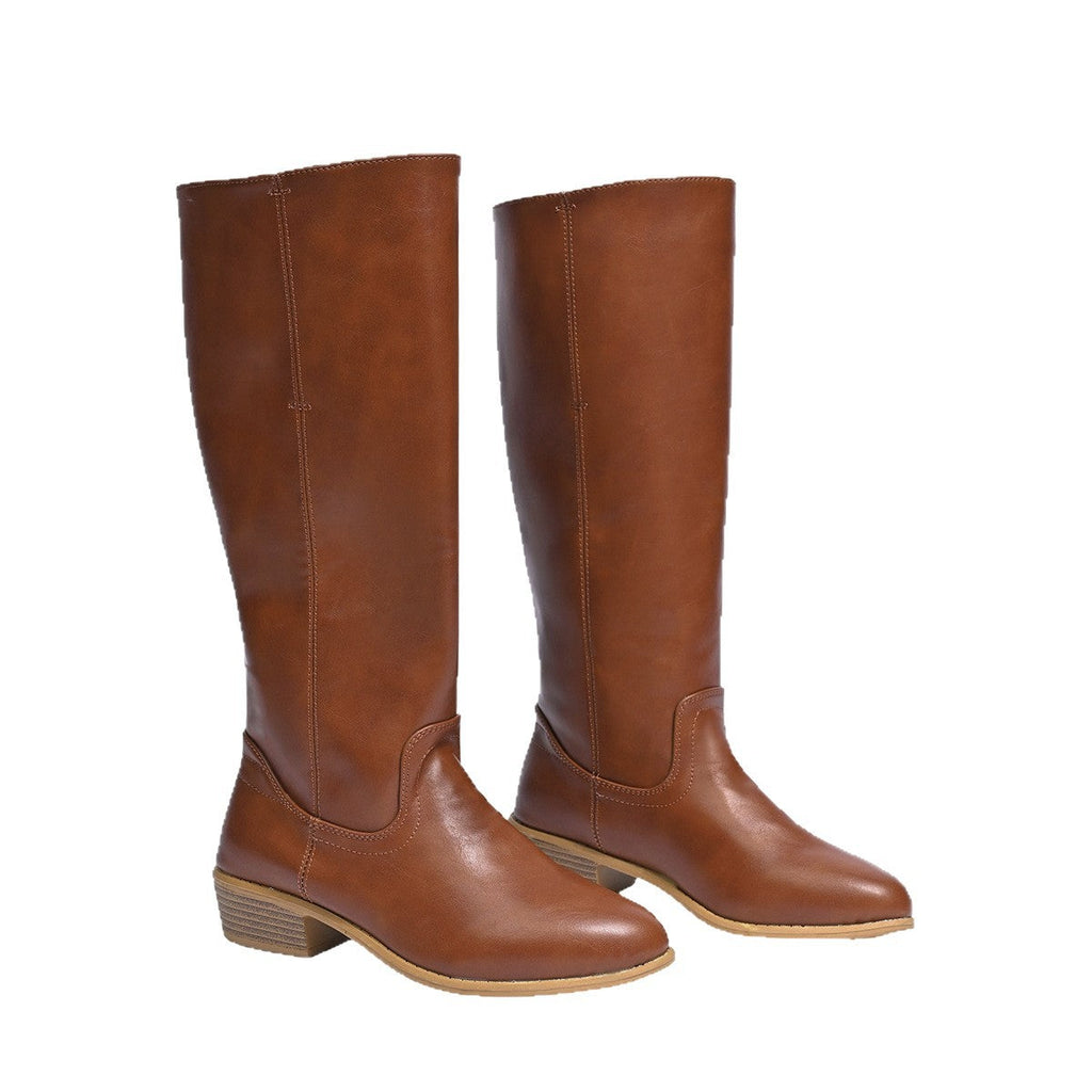 Women's British-Style Knee-High Boots – Chunky Heel Slip-On | Black, Yellow, Brown