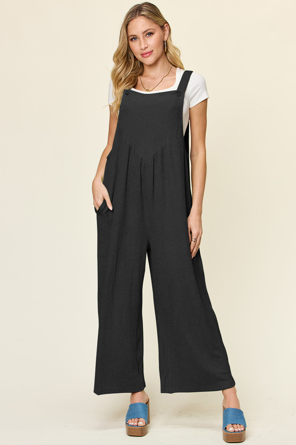 Textured Long Sleeveless Wide Leg Jumpsuit