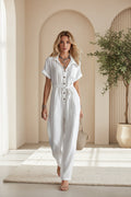 Women's Loose V-Neck Lace-Up Pocket Jumpsuit