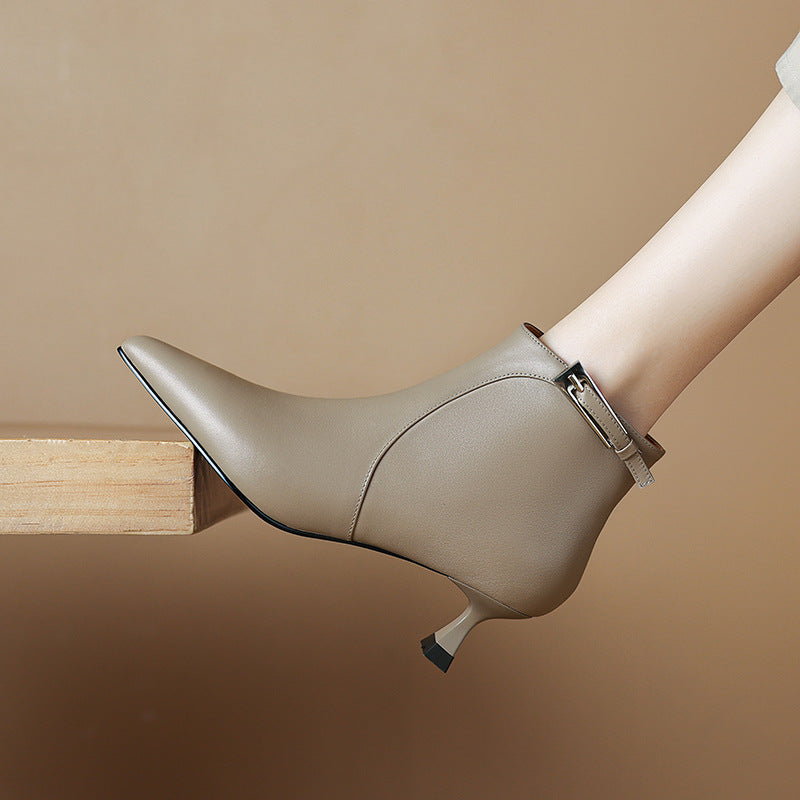 Women's Pointed-Toe High-Heel Ankle Boots - Leather Stiletto Boots with Buckle Strap & Side Zipper