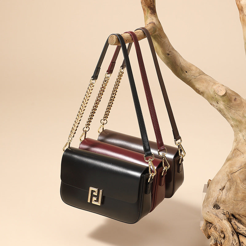 Genuine Leather Crossbody Bag with Chain Strap - Women's Luxury Handbag