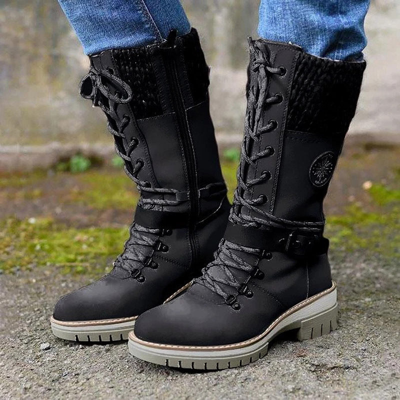 Women's Round-Toe Square-Heel Buckle Boots | Knit-Mesh Dr Martens-Style Ankle Boots