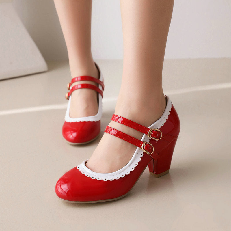 Women's Patent Leather Chunky Heel Mules – Candy Color Round Toe Buckle High Heels