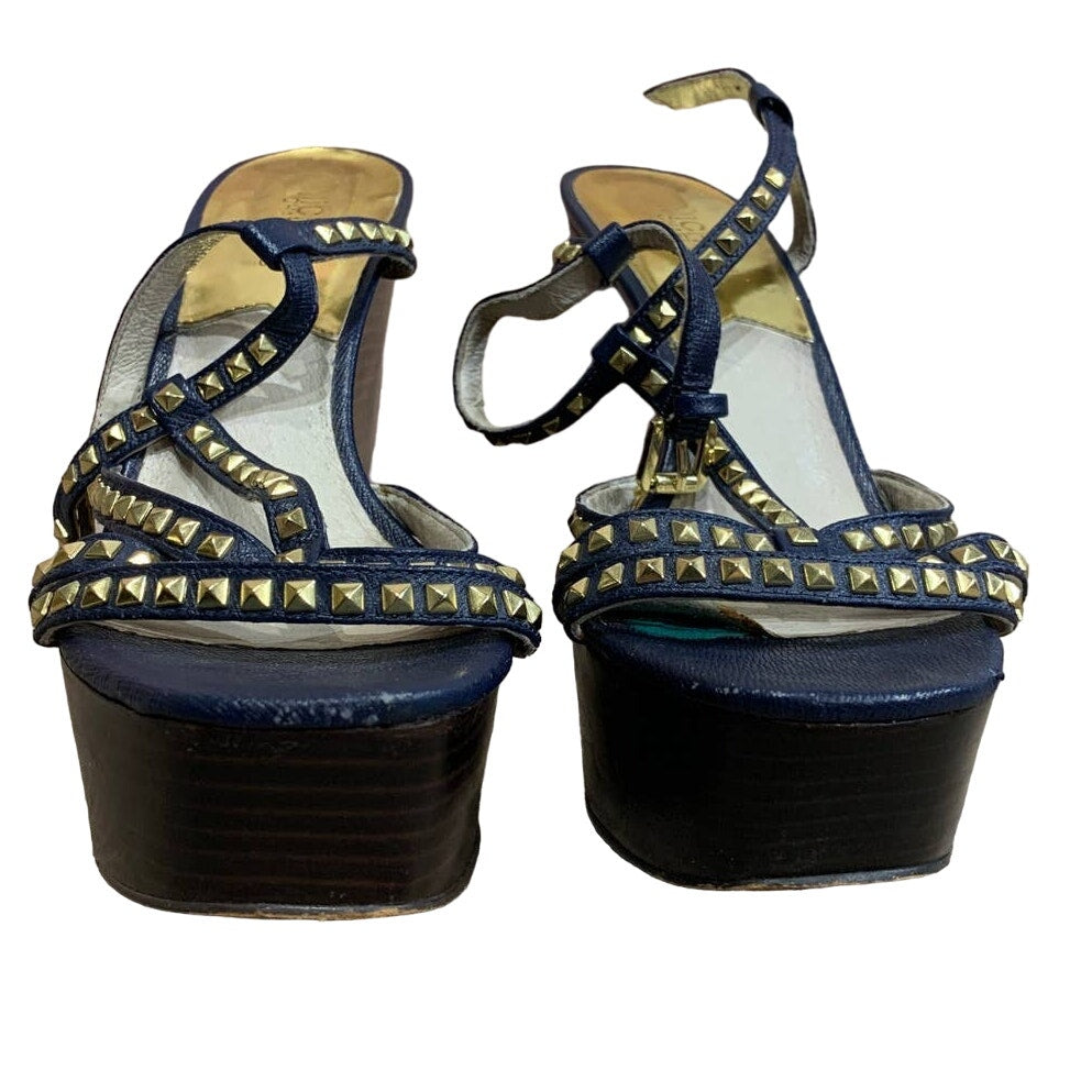 Michael Kors Size 8M Navy Blue Leather Gold Studs Strappy Wedge Heel Sandals
