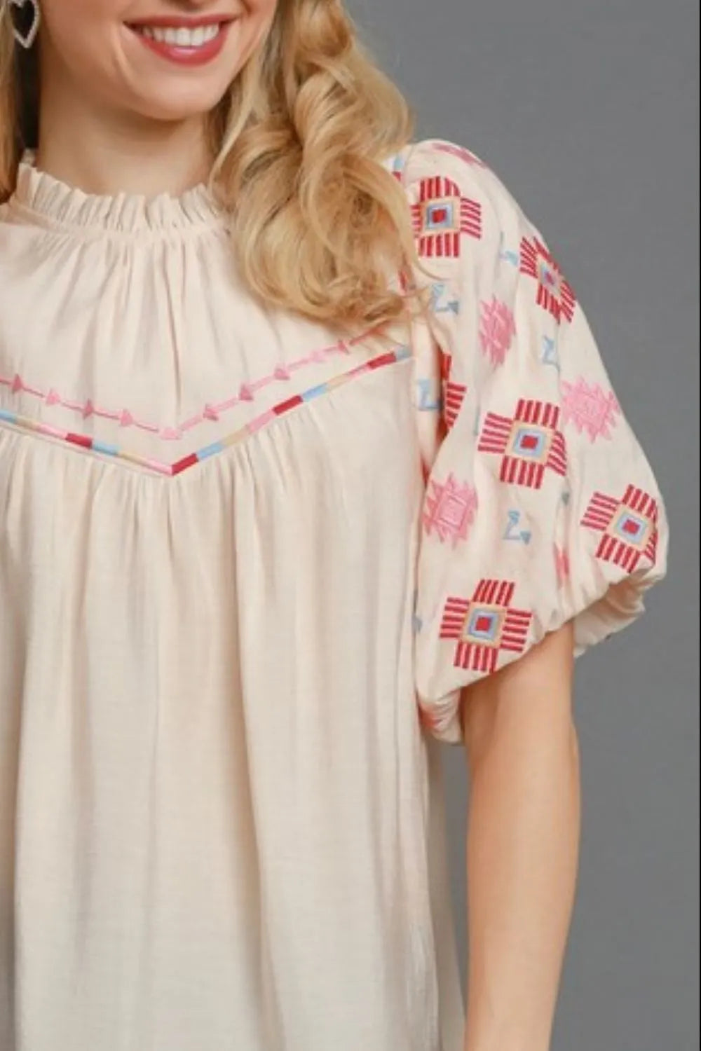 Umgee Full Size Embroidered Puff Sleeve Mock Neck Top Plus Size
