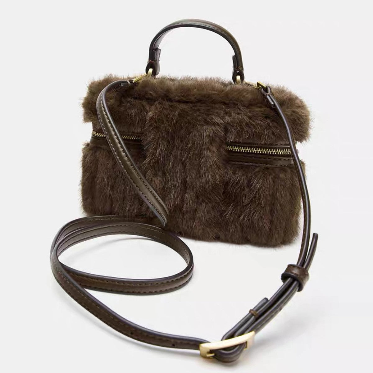 Chic Plush Chain Crossbody Bag – Synthetic Leather Mini Handbag for Women | Coffee Brown