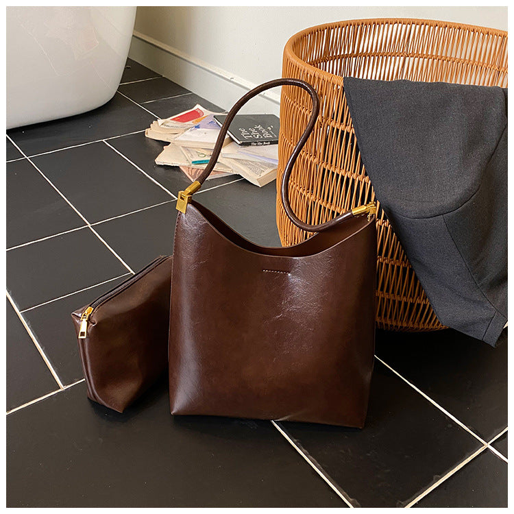 Women's Vintage High-Capacity PU Leather Tote Bag with Double Straps