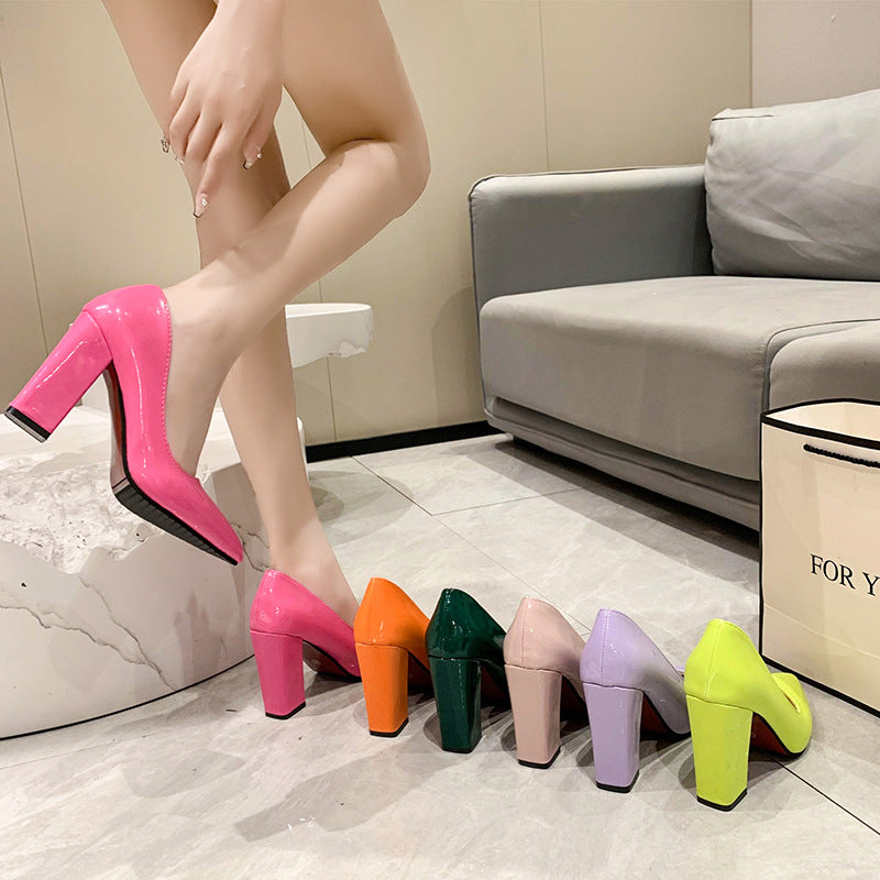 Women's Pointed-Toe Chunky Heel Pumps - Slip-On Block Heel Shoes