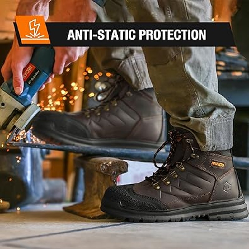 Ningo Mens Size 8.5 Brown Work Boots Lace Up Steel Toe Water Resistant Shoes