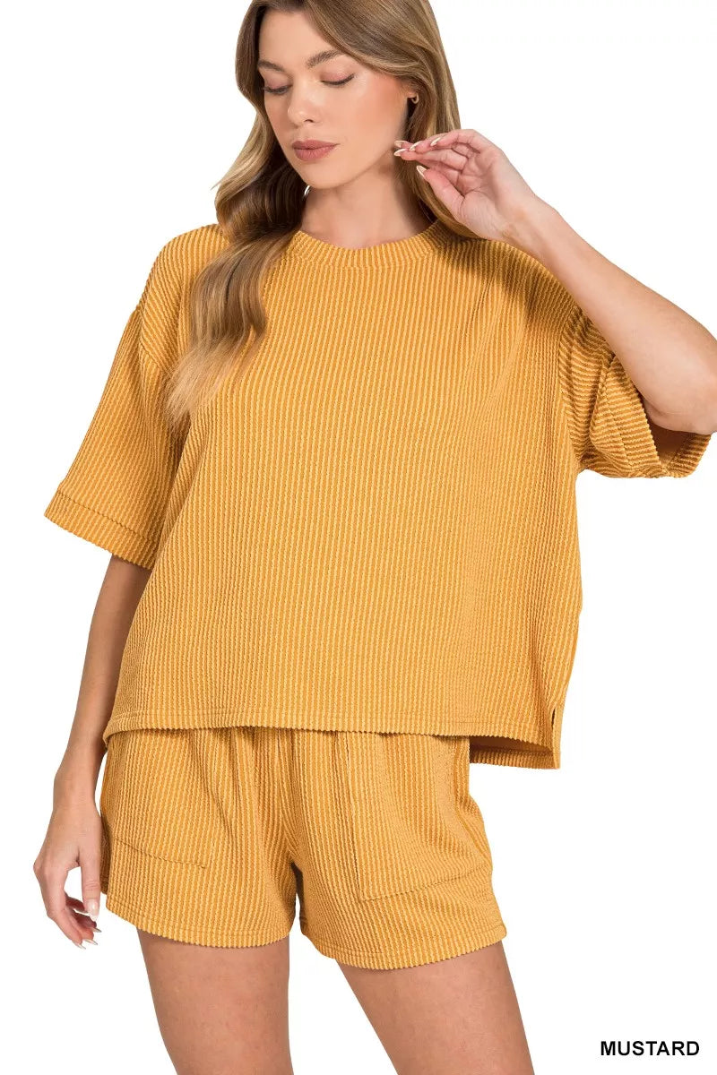 Zenana Raised Rib Short Sleeve Tee and Drawstring Shorts Set