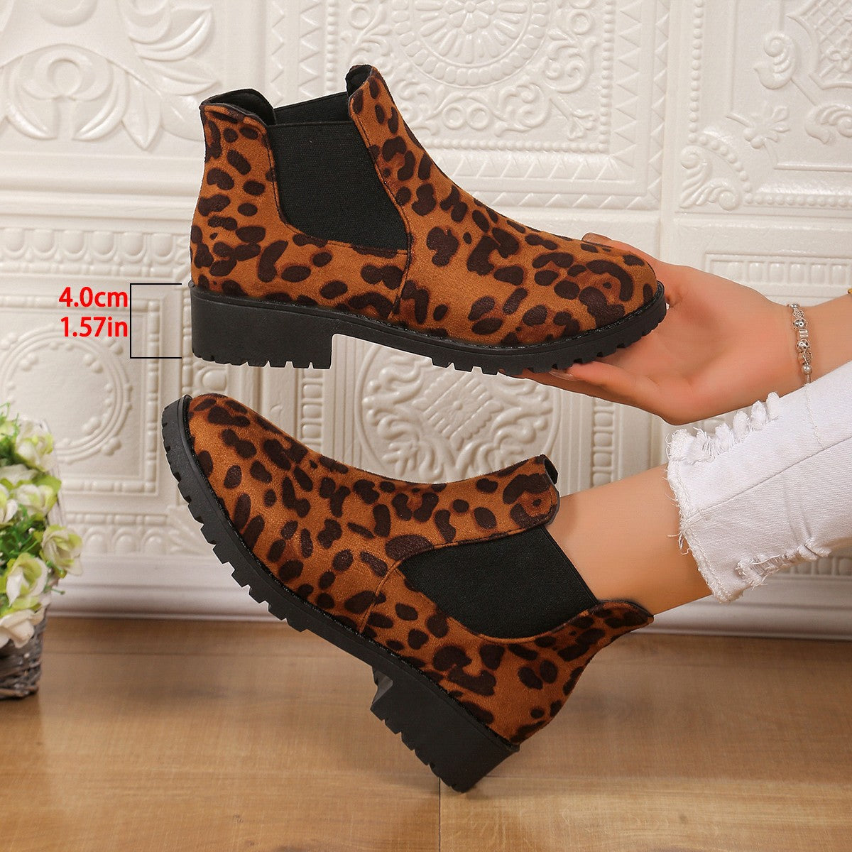 Leopard Print Ankle Boots Women - Mid Heel Chunky Sole Slip-On Boots